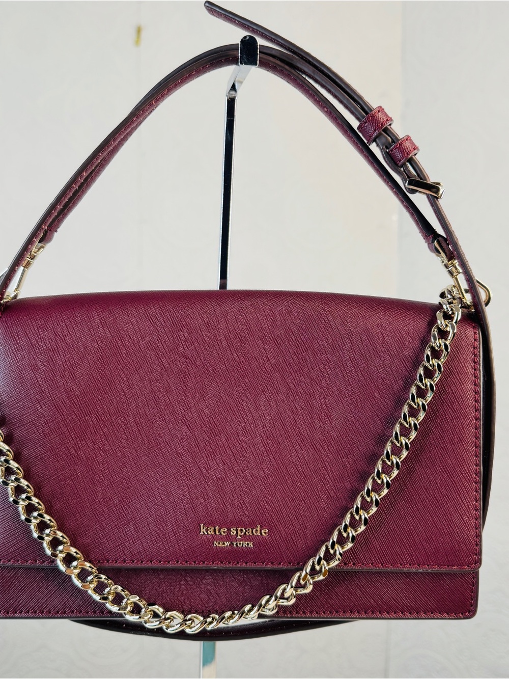 KATE SPADE Leather Bag Purse Gold Chain Crossbody Flap Maroon Burgundy MINT